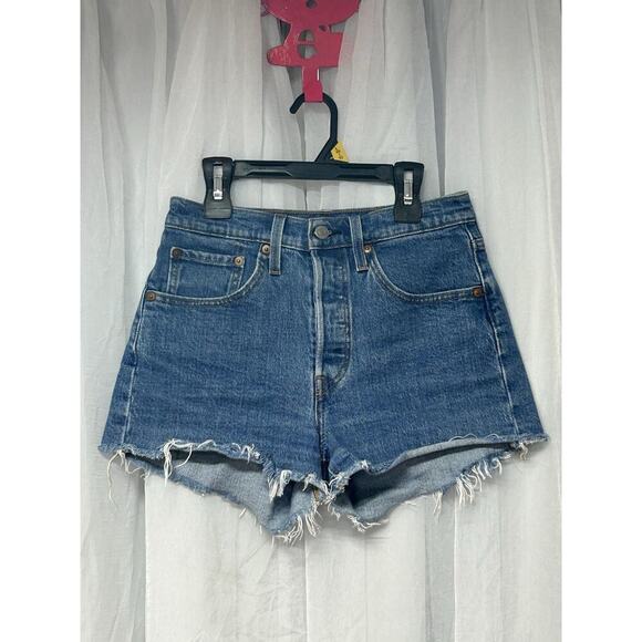 Levi’s 501 Shorts Womens 26 Blue Denim High Rise Distressed Raw Hem Button Fly - Picture 1 of 8